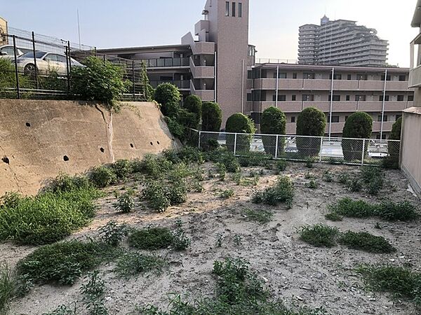 道路から南側への眺め。マンション用地とは3Ｍ程度の落差があり、フェンスと植樹帯で安全に区画されてあります。