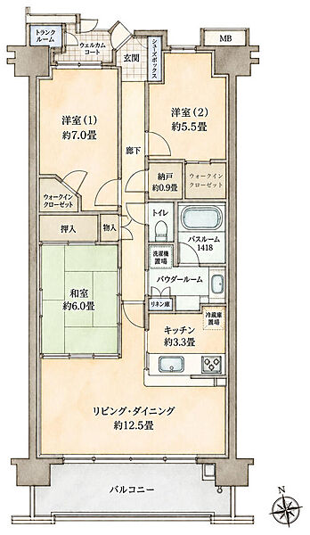 専有面積80.31平米の3LDK。洋室2室にWICを備え、和室はリビングに隣接。南向きバルコニーは12.60平米です。