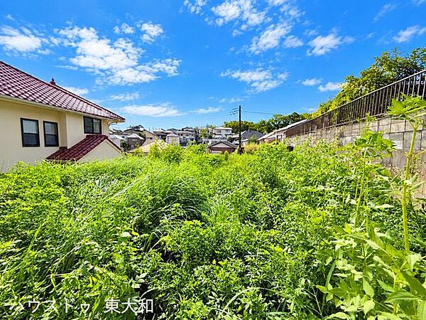 高低差を活かした敷地形状が特徴。コンクリートの擁壁や階段も確認できます。