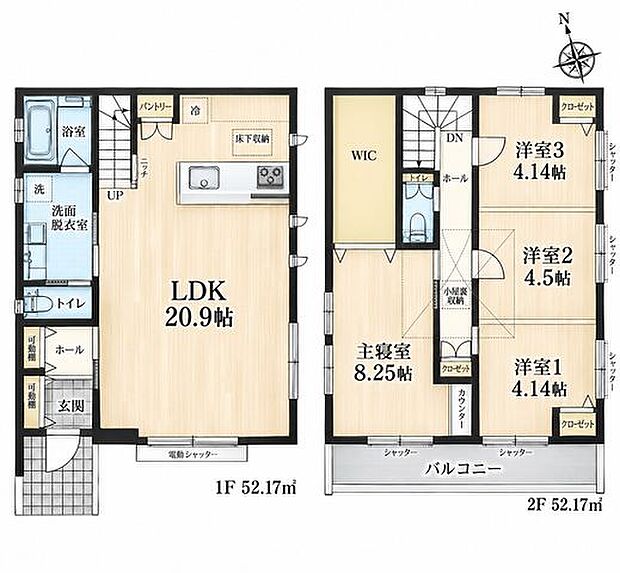 20.9帖の広々としたLDKを中心に、WICや各居室の収納も充実。家族それぞれが快適に暮らせる、収納力に優れた4LDKです。