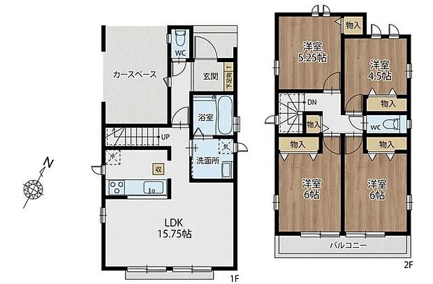 LDK15.75帖のゆとりある間取り。各居室に収納を備え、家族それぞれのプライベート空間も確保できます。