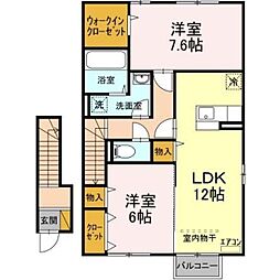 グランドコートA 2階2LDKの間取り