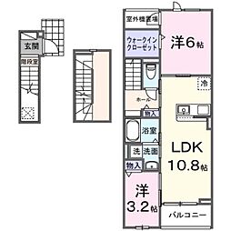 ヒカルサ⼟浦神⽴イーストI 3階2LDKの間取り