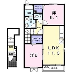 カーサ　アモーレA 2階2LDKの間取り