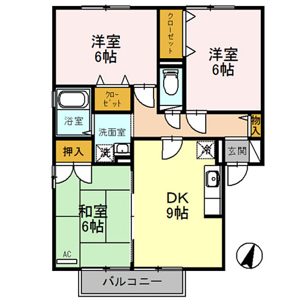 ヴィルクレール A201｜富山県富山市中川原(賃貸アパート3DK・2階・62.10㎡)の写真 その2