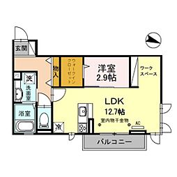 アールヴォリ町村 2階1LDKの間取り