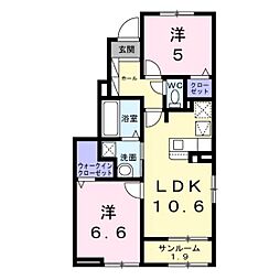 スリージェメゾンII 1階2LDKの間取り