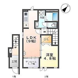 高岡市東下関新築アパート 2階1LDKの間取り