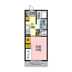 ＹＮＴ第2マンション 3階1Kの間取り