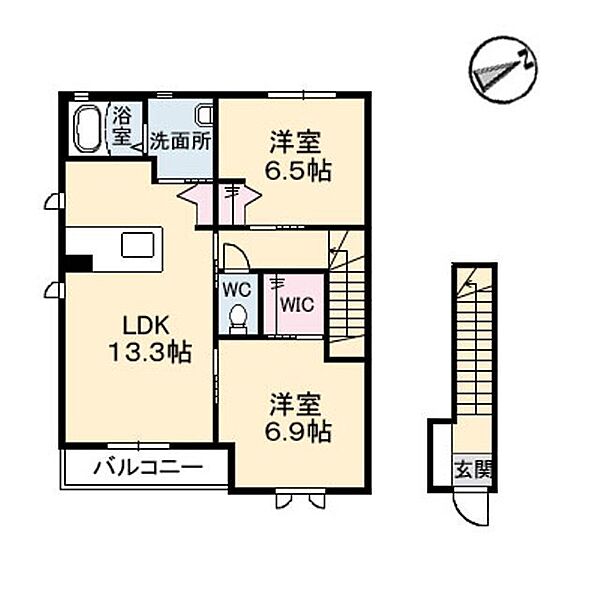 パインデューＡ棟 201｜鳥取県米子市夜見町(賃貸アパート2LDK・2階・65.66㎡)の写真 その2