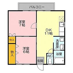 ハイツプラージュ2号館 1階2DKの間取り