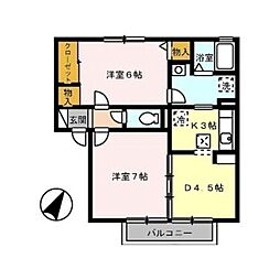 エクセレンス　タイムＢ棟 202 2階2DKの間取り