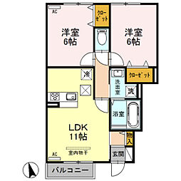 Ｍウェーブ貝沢 1階2LDKの間取り