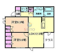 ヘーベル上野西 2LDKの間取図画像