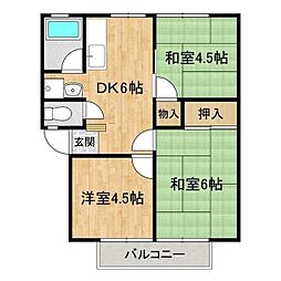 アーバンヒルB 2階3DKの間取り