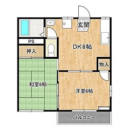 太陽ハイツ 2階2DKの間取り