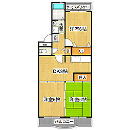 グランディールよしはら 4階3DKの間取り