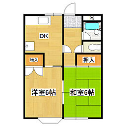 タナカハイムB 2階2DKの間取り