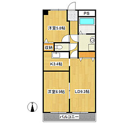 ルネスひたち野 3階2LDKの間取り