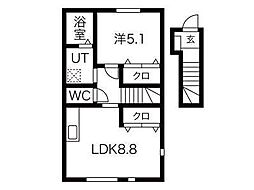 ワンリッチ金ヶ崎C 205号室 2階1LDKの間取り