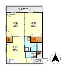 サンライズ平岡 2DKの間取図画像