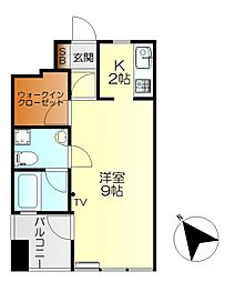 ルミエール西中央 7階1Kの間取り