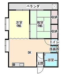 JR福塩線 府中駅 徒歩15分の賃貸アパート 1階2DKの間取り