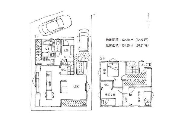 【B-5】参考プラン「ウッドデッキのある家」。※上記プランは一例です。プランは自由に決定できます。