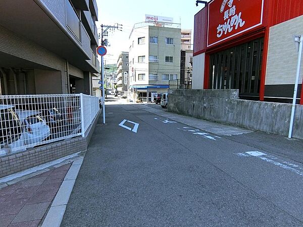 敷地内の駐車場の入口に面した前面道路です。広く見通しも良いので出入りもしやすいです。