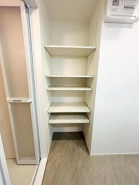 洗面室にはタオルや洗面用品を置いておける棚付き！物の大きさにより棚の高さが変えられる稼働棚です