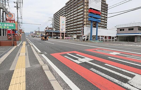 広く見通しの良い前面道路です。コンビニまで徒歩1分、スーパーまで徒歩4分で便利な立地です。