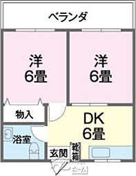 仲程アパート第2 4階2DKの間取り