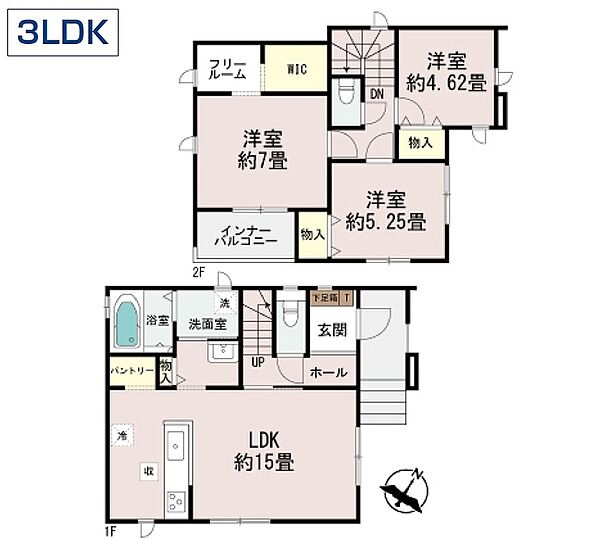 LDKと各居室、収納の配置が分かります