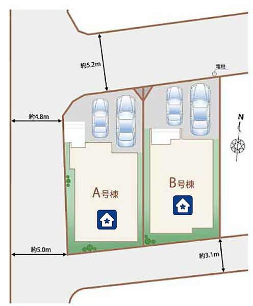 2棟の配置と接道方向が分かる区画図です