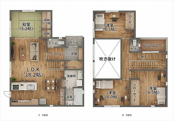 間取り【B号地参考プラン】？LDKから続く和室、吹き抜けもあり開放的な空間。人気のパントリー、シューズクローク付き
