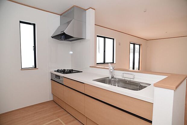 キッチンスペースには換気効率の良いたてすべり窓を採用して採光と通気の両立を再現