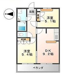 イーストリバーIII 1階2DKの間取り