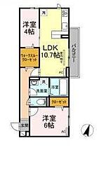 アサヒパレス久保田　B棟 3階2LDKの間取り