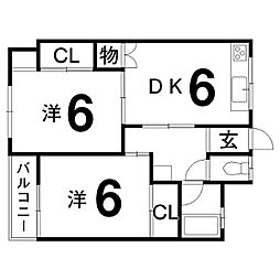 石原ビルI 4階2DKの間取り