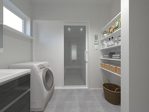 洗面脱衣室　白を基調とした清潔感溢れる空間。可動式の収納棚があり便利です。※画像はイメージパースです