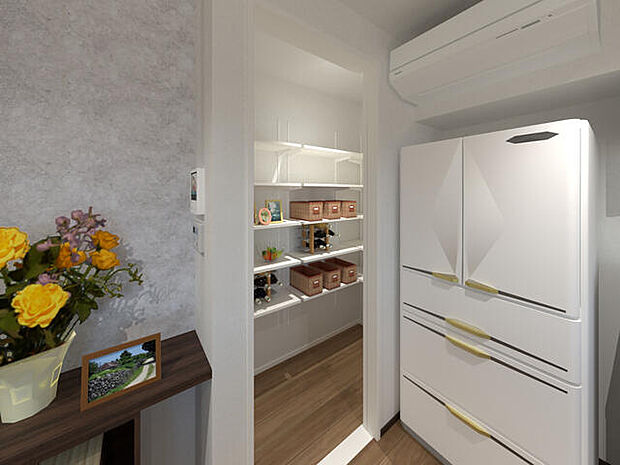 キッチン冷蔵庫置き場のすぐ横にパントリーがあります。※画像はイメージパースです