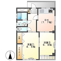 高知市大川筋1　2DK　2F（P有・南向き・リバービュー） 2階2DKの間取り