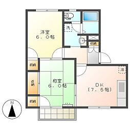 高知市神田　2DK　2F（南向き・敷地内P有） 2階2DKの間取り