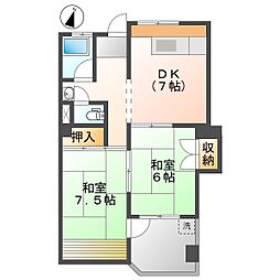 高知市鴨部 2DK 5F(初期費用減額CP) 5階2DKの間取り