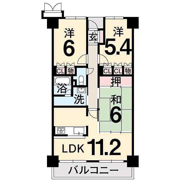 高知市中古マンション　サーパス北本町第2(3LDK) 2階の間取り