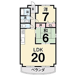 鏡川コーポA棟 2LDKの間取図画像