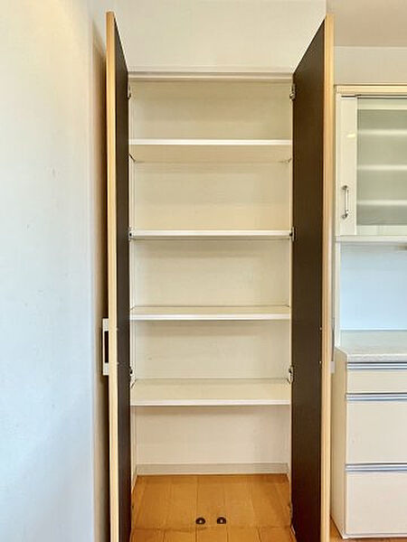 キッチン収納も完備されています。食料品や日用品をストックしておくパントリーとしても利用可能です。