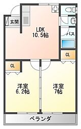 ソシアサニーヒルII 1階2DKの間取り