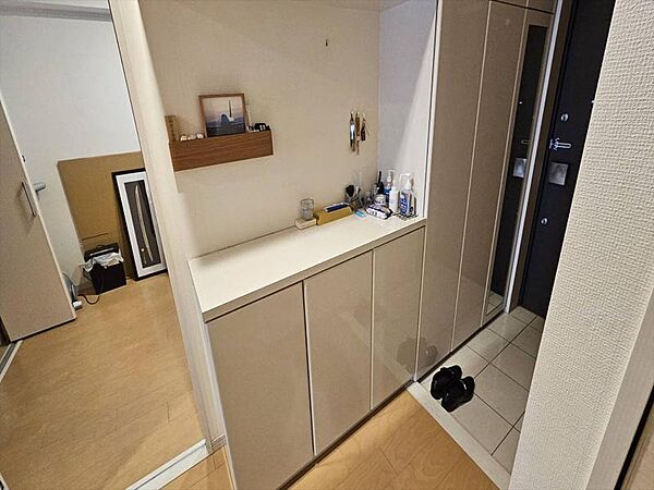 たっぷりしまえる大型シューズボックス完備で、玄関はいつもすっきり。お出かけ前に便利な姿見ミラー付き。
