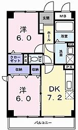 グランデール　一本松 2階2DKの間取り